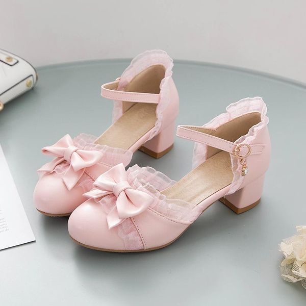 

flat shoes girls high heels 2021 ladies sandals sweet lace bow size 28-39 wedding princess party heel women pumps pink, Black;grey
