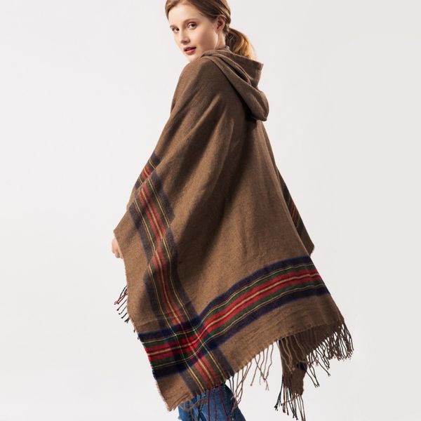 

2021 new fringed stripe jacquard knit hooded cloak women shawl cape cardigan winter warm vintage scarves ponchos scarf outwear sxop, Black