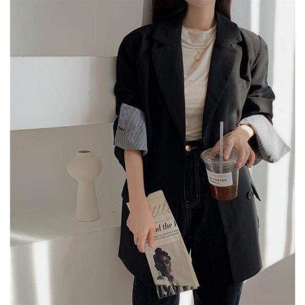 

new 2021 autumn winter women's blazers plaid buttons pockets jackets notched vintage oversize office lady cl721, Black;brown