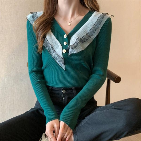 

women's sweaters knitted sweater autumn winter pullovers 2021 patchwork lace knitwear v-neck long-sleeved bottoming shirt, White;black