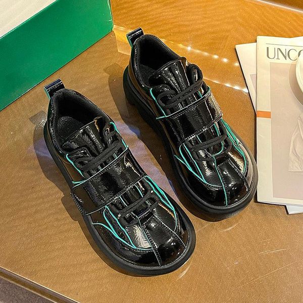 

boots platfrom increase shoes early spring small single retro round toe personality fashion leather, Black