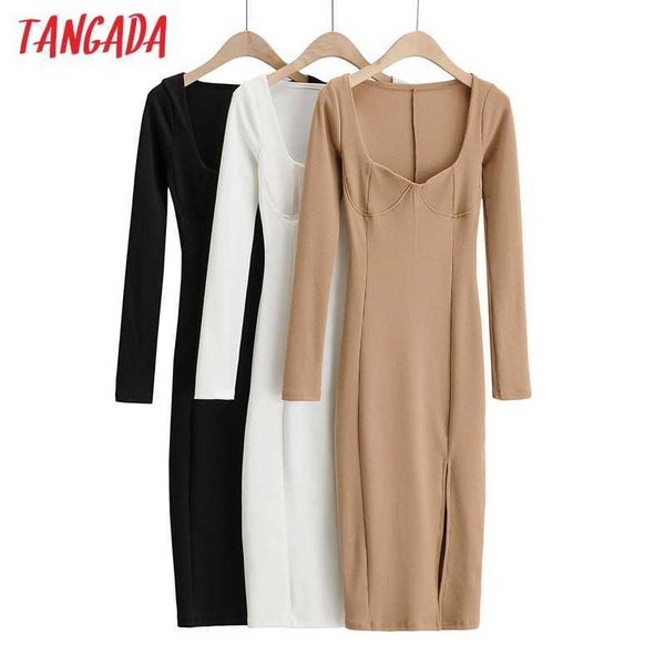 

tangada women slim knit dress long sleeve square collar females midi dresses vestidos 4p40 210609, Black;gray