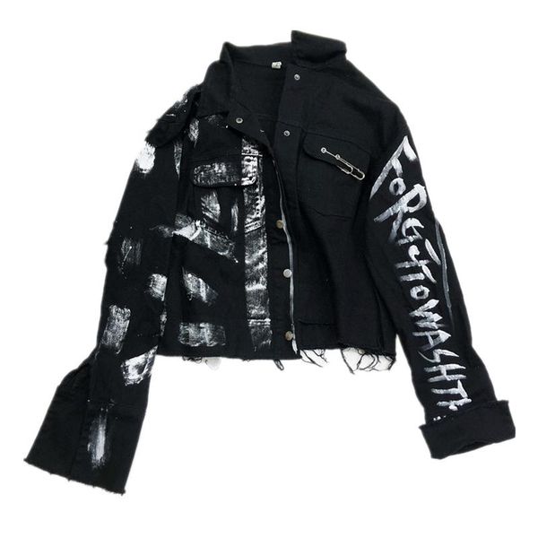 

women's jackets harajuku streetwear women denim jacket fashion graffiti print long sleeve jeans female loose hip hop coat, Black;brown