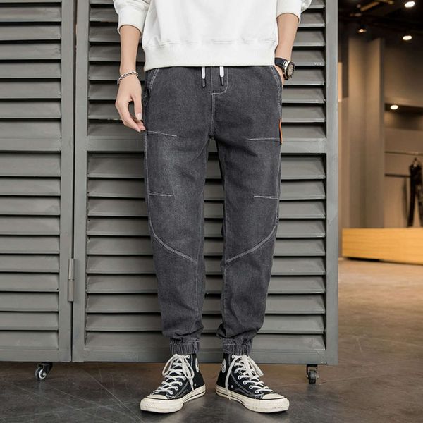 

2021 spring and autumn capris elastic slim fitting corset jeans stitching trend harlan legged men's pants, Blue