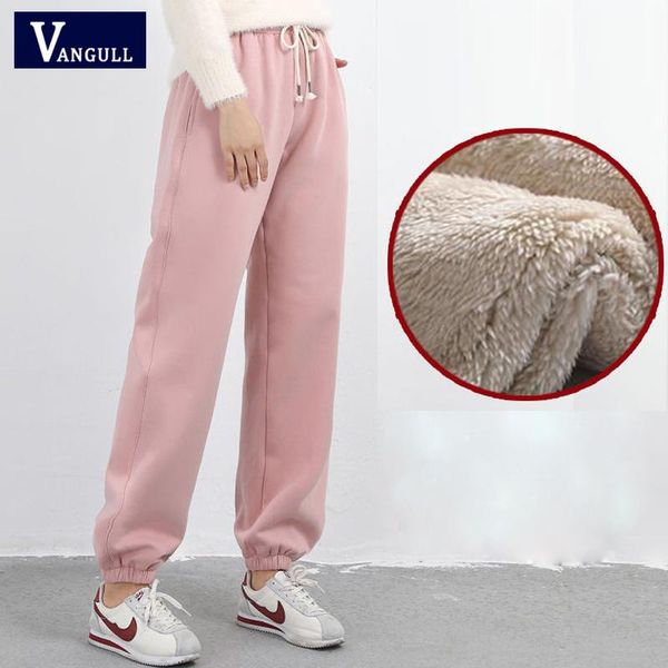 

women's pants & capris vangull velvet women solid elastic waist thick harem 2021 winter korean version lacing street wear warm, Black;white