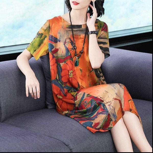 

2021 new summer women o neck office lady loose dress female a line oil painting printed faux silk dresses vestido j61, Black;gray