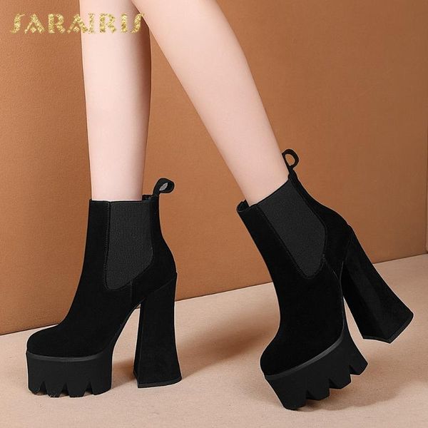 

boots sarairis 2021 genuine cow leather comfy woman shoes elastic band chunky high heels platform ankle booties ladies, Black