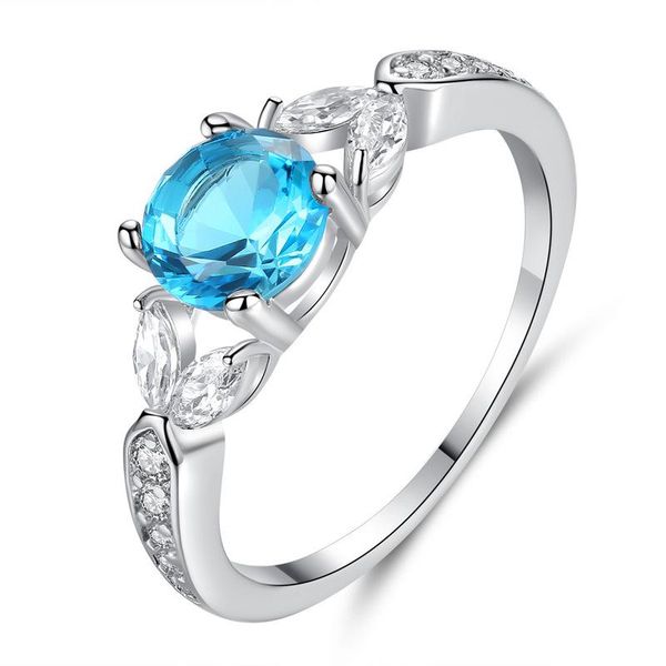 

wedding rings 1pc fashion luxury accessories ladies simple selling four-claw sea blue zircon ring fine jewelry flower-shaped couple, Slivery;golden