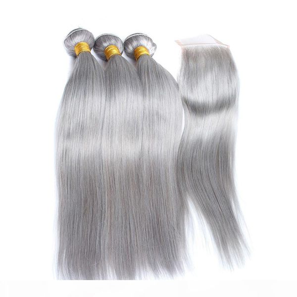 

peruvian virgin human hair silver grey 3pcs bundles deals with closure silky straight grey colored 4x4 lace front closure with weaves, Black;brown