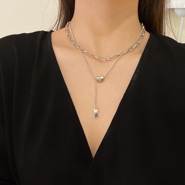 

pendant necklaces double layered lucky bean necklace simple rectangular tag personality clavicle chain ladies jewelry wholesale, Silver