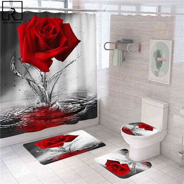 Mavi Kırmızı Pembe Gül Baskı Duş Perdesi Kanca ile, Banyo Mat Seti Kaymaz Yumuşak Banyo Halı Sevgililer Sevgililer Ev Dekorasyon 211115