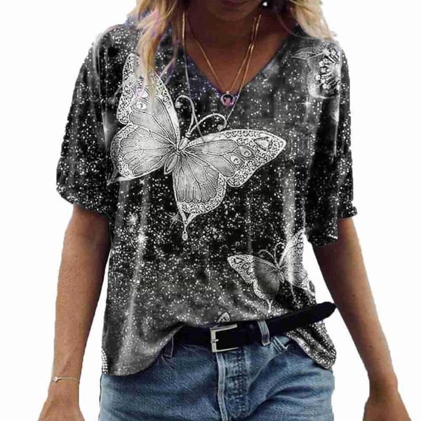 

women's t-shirt 2021 summer fashion oversized short sleeve v-neck print streetwear plus tee casual size loose ladies t-s d0s3, White