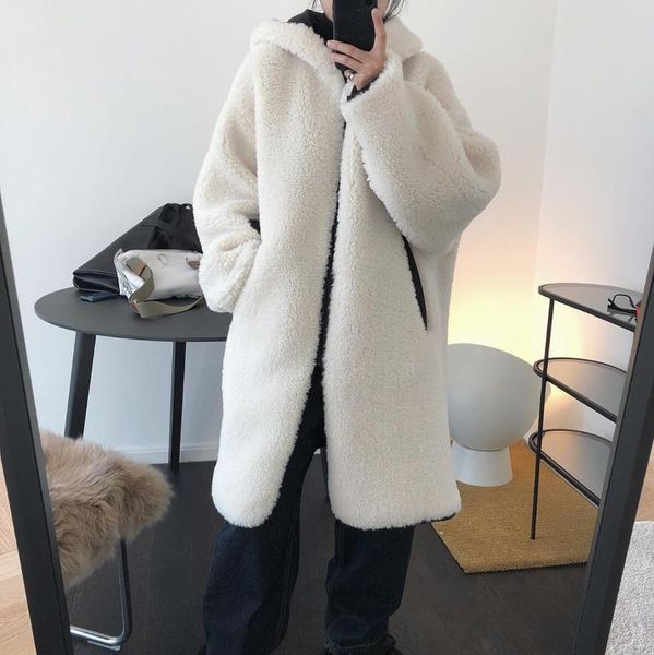 

women's fur & faux woman warm real wool long white coat, Black