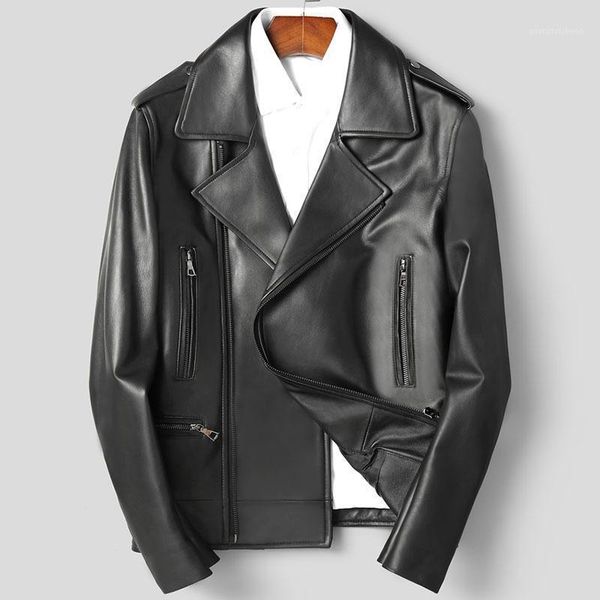 

men's leather & faux winter sheepskin jacket is thickened short biker, Black