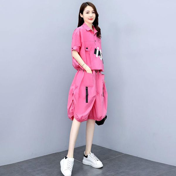 

women's tracksuits fashion plus size summer suits womens casual short sleeve pullover blouse tooling wide-leg shorts two piece set aq11, Gray