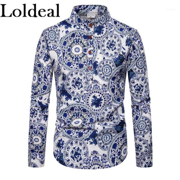 

loldeal men's going out club boho / chinoiserie cotton linen shirt - paisley tribal print standing collar black1, White;black