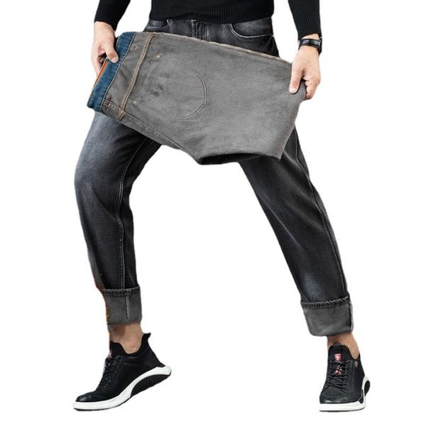 

men's jeans men winter grey fleece thicken warm denim good quality straight loose long pants solid casual 40, Blue