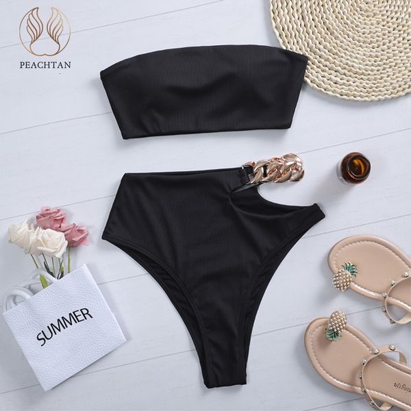 

peachtan solid bikini 2021 high waist swimwear female chain swimsuit women bandeau 2 pieces set sports bathing suit ribbed new, White;black
