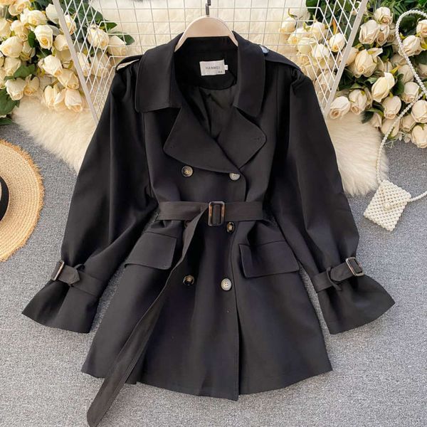 

autumn 2020 new women's windbreaker british style double breasted lace up waist slim short jacket for women, Black