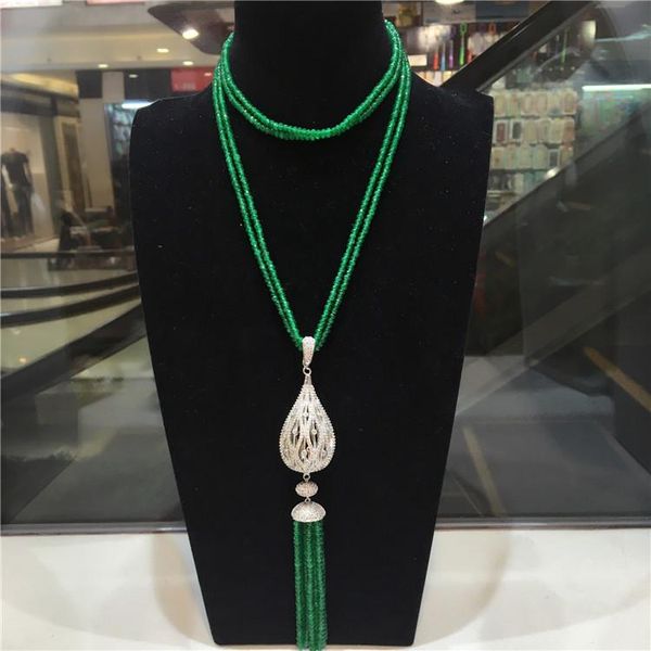 

chains sell natural green stone micro inlay zircon big water drop pendant tassel necklace long sweater chain fashion jewelry, Silver