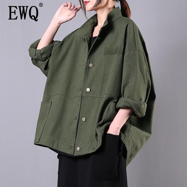 

women's jackets [ewq] 2021 spring autumn arrivals stand collar full sleeve single breasted women casual loose all match coat ay61106m, Black;brown
