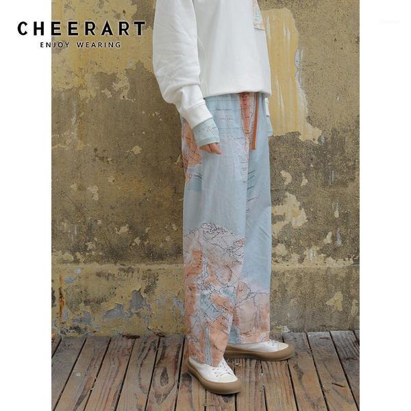

women's pants & capris cheerart cotton vintage long women map print elastic high waist trousers spring designer fashion clothing, Black;white
