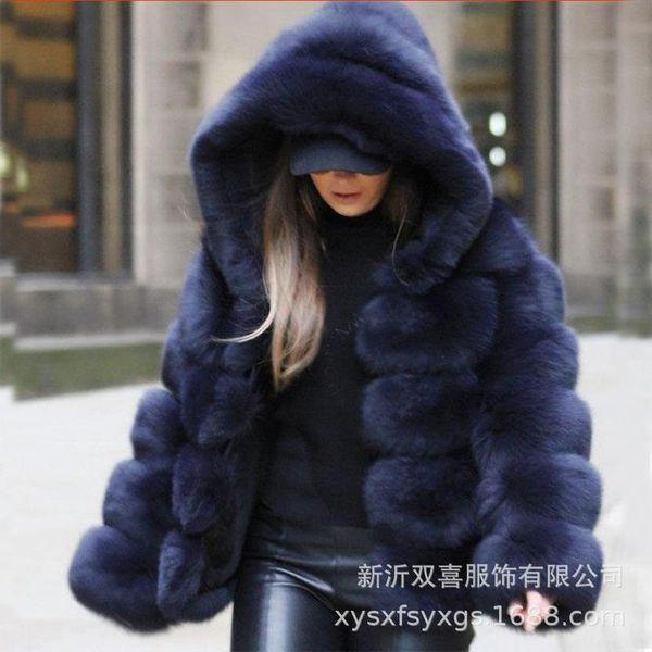 

women's fur & faux wholesale autumn and winter artificial hooded european american medium long coat women, Black