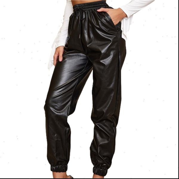 

women solid color trousers adults high waist pu leather ankle tied pants with drawstring slant pocket drop shipping, Black;white