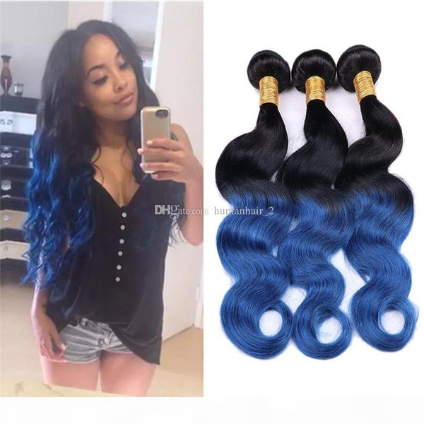 

two tone blue body wave hair malaysian brazilian peruvian european human virgin hair 3pcs lot blue ombre hair extensions double weft, Black;brown
