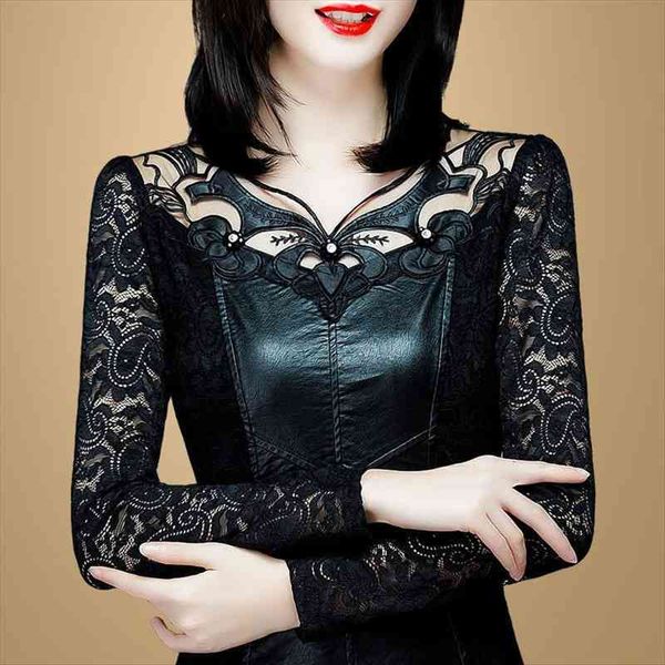 

lace autumn winter long sleeved womens shirt pu leather blusas ropa de mujer, White