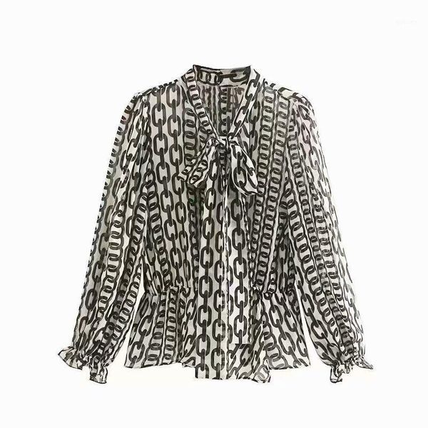 

women's blouses & shirts women vintage chain printing casual smock bow tied business roupas autumn femininas chemise ls4507, White