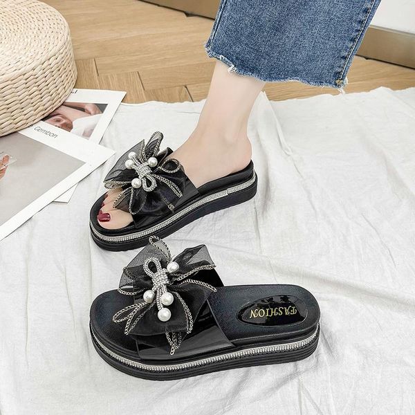 

slippers house platform shoes woman 2021 butterfly-knot luxury slides med pantofle designer flat fashion fabric pu rubber, Black