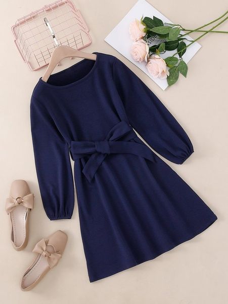 

girls lantern sleeve belted dress she, Red;yellow