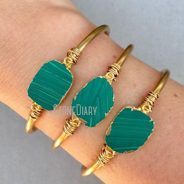

bangle bm31406 genuine malachite slice raw brass gold electroplated stone boho green swirl gemstone, Black