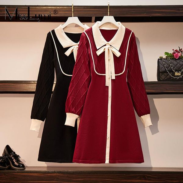

casual dresses misslymi l-4xl plus size women bow turn-down collar vintage knitted sweaters dress red 2021 winter korean elegant a-line, Black;gray