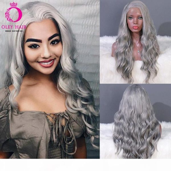 

oley hair heat resistant wavy synthetic lace front wig high density long grey wig glueless cosplay wigs for black women