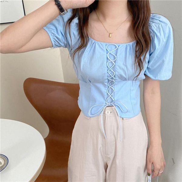 

women's t-shirt elegant summer ladies puff sleeve shirt 2021 women casual temperament short drawstring female, White