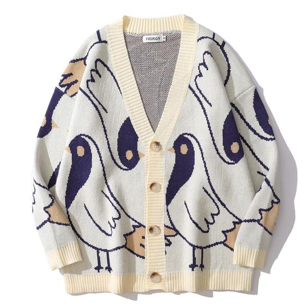 

men's sweaters couple cartoon bird jacquard sweater men japan harajuku vintage v-neck cardigan coat preppy loose lazy hip hop autumn, White;black