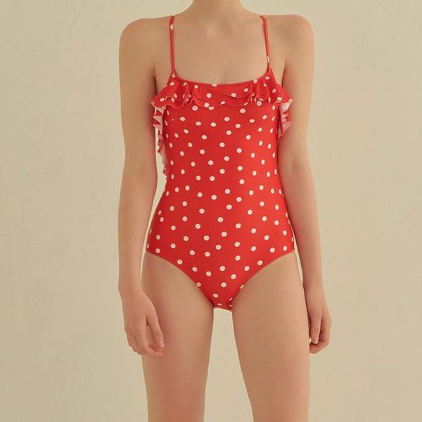 

one-piece suits vintage red dot print swimsuit straps trikini monokini ruffle push up swimwear bandage beach wear women swimming bodysu