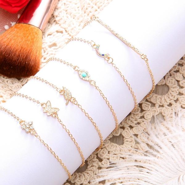 

charm bracelets 6 pcs/set punk shiny gold multilayer butterfly eye star moon leaves crystal gem chain bracelet set women exquisite party jew, Golden;silver
