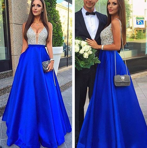 

elegant royal blue prom dresses a-line backless glitter silver sequined deep v-neck long formal evening party gowns cheap, Black