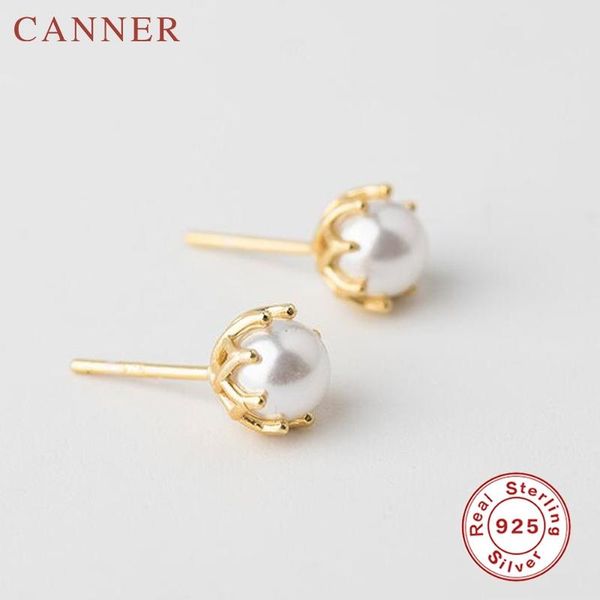 

stud simple korean style earrings cute 925 sterling silver round natural pearl for women girls party jewelry, Golden;silver