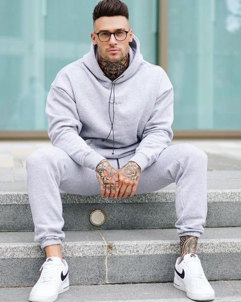 

men's tracksuits 2021 spring and autumn loose hoodie suit stretch fitness training clothes trendy fashion sports models, Gray