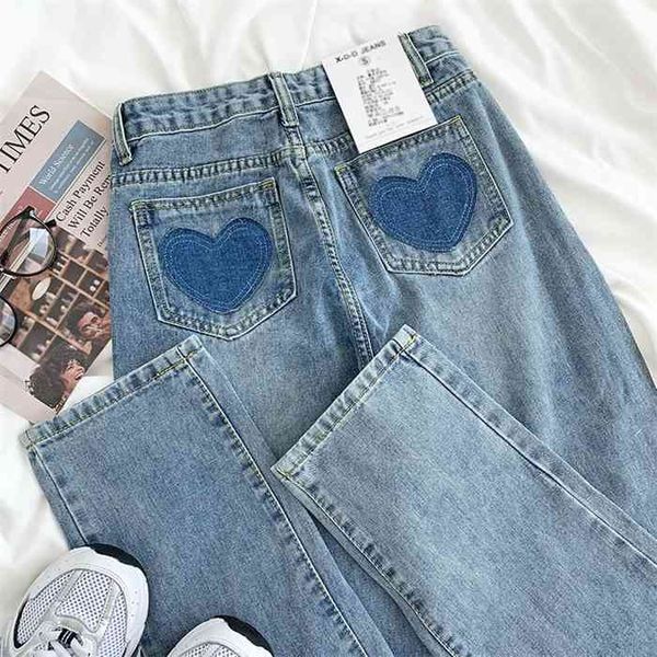 

mooirue kawaii winter women jeans wide leg love stick pocket high waist loose thin spring wash blue straight jeans