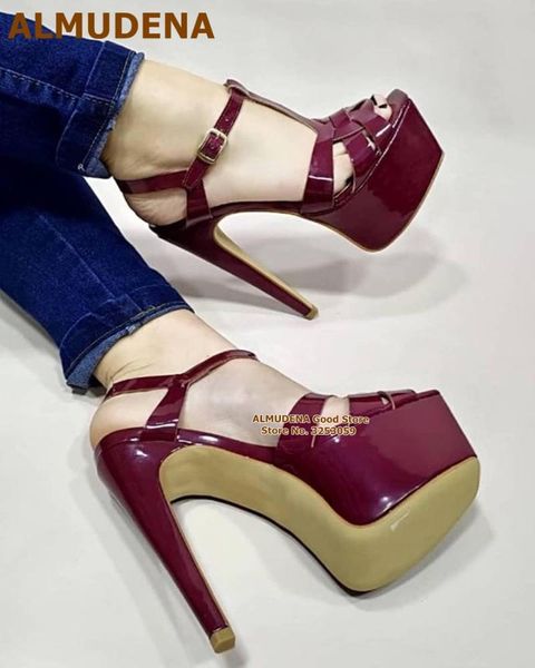 

almudena burgundy patent leather high platform sandals cross strappy t-bar dress shoes stiletto heels nude black party pumps