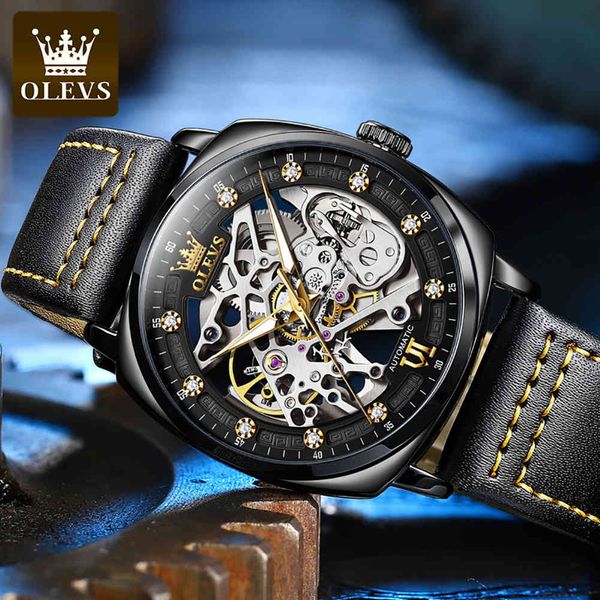 

olevs brand men classic mechanical watches waterproof leather band popular casual chassis music, Slivery;brown