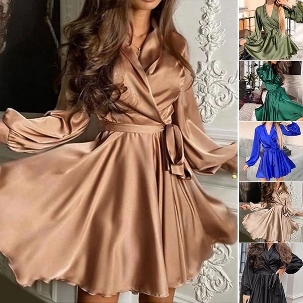 

casual dresses women v-neck satin mini dress a line sashes party lantern sleeve vintage elegant, Black;gray