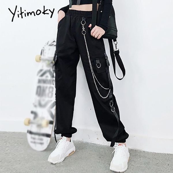 

women's pants & capris yitimoky cargo women casual joggers autumn 2021 streetwear black armygreen high waist loose korean fashion chain, Black;white