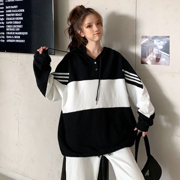 

2021 autumn loose new striped stitching thin women's hooded sweatshirt xs34, Black