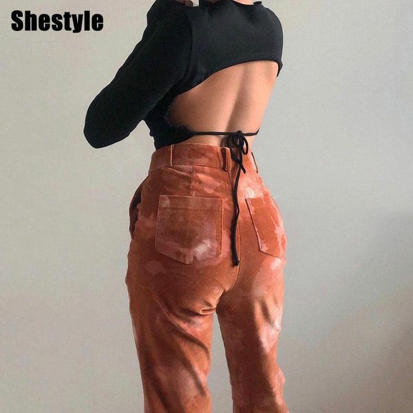 

shestyle brown tie dye flare pants women zipper pockets high waist slim fashion high street dancing trousers tide boot cut, Black;white